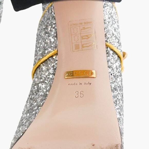Gucci Soko Platform Ankle Boots EU 36 US 6 Silver Glitter GG Pearl Bee Heel - Picture 11 of 15